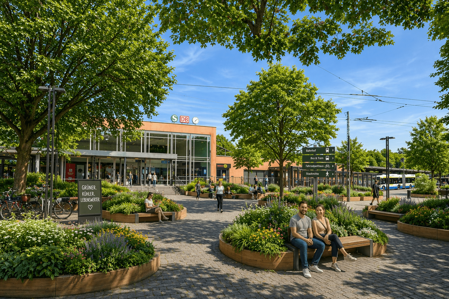 KI generiertes Bild des Vorplatzes Solinger Hauptbahnhof in einer grünen, nachhaltigen Zukunft